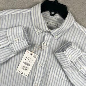 New Zara Shirt Mens Small Blue Striped Linen Blend Long Sleeve Pocket Preppy